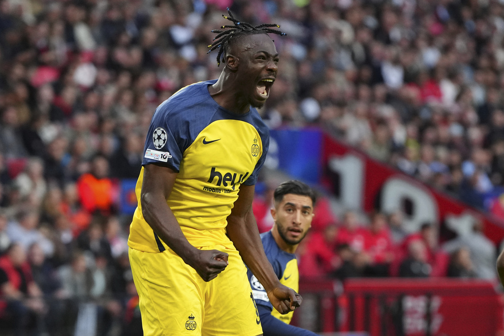 Union SG's Promise David celebrates after scoring on a penalty kick his side's first goal during a Champions League opening phase soccer match between PSV and Union SG, at the PSV stadium in Eindhoven, Netherlands, Tuesday, Sept.16, 2025. (AP Photo/Peter Dejong)