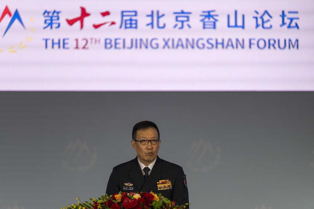 Chinese Defense Minister Dong Jun speaks during China's annual security and defense dialogue, the Xiangshan Forum, in Beijing, China, Thursday, Sept. 18, 2025. (AP Photo/Ng Han Guan)