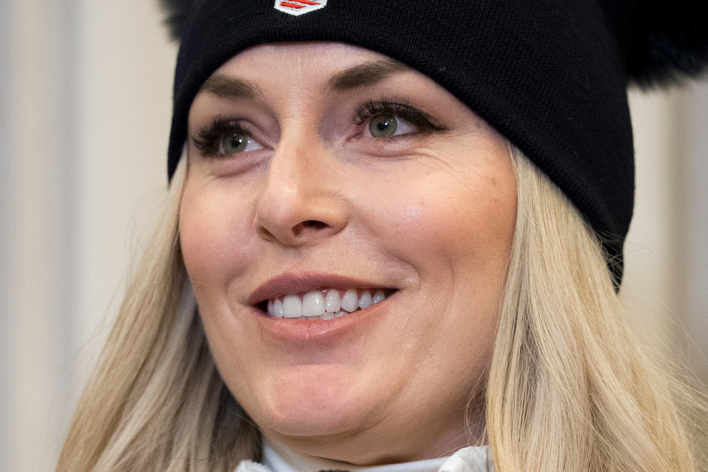 Lindsey Vonn of the United States speaks at a press conference ahead of the women's Downhill race at the Alpine Skiing FIS Ski World Cup in St. Moritz, Switzerland, Wednesday, Dec. 10, 2025. (Claudio Thoma/Keystone via AP)