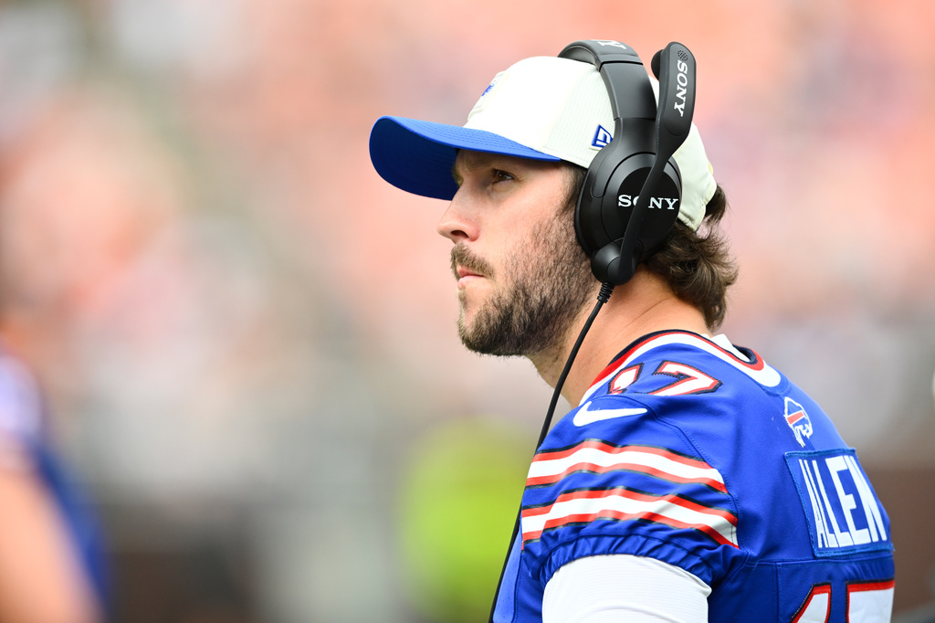 Buffalo Bills quarterback Josh Allen walks on the sideline during the first half of an NFL preseason football game against the Cleveland Browns, Saturday, Aug. 22, 2026, in Cleveland. (AP Photo/David Richard)