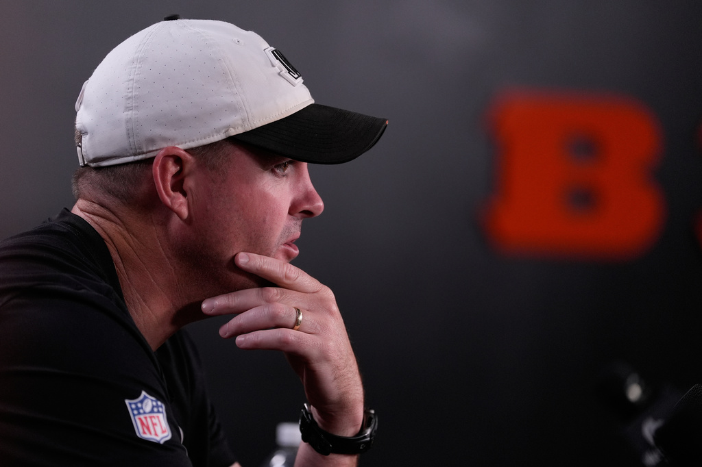FILE - Cincinnati Bengals head coach Zac Taylor speaks during a news conference after the NFL football team's practice in Cincinnati, June 2, 2026. (AP Photo/Carolyn Kaster, File)