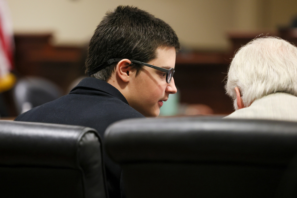 Colt Gray, the 16-year-old Apalachee High School shooting suspect, talks with his defense attorney Charlton Allen during his sentencing at Barrow County Superior Court, Monday, July 27, 2026, in Winder, Ga. (Jason Getz/Atlanta Journal-Constitution via AP, Pool)