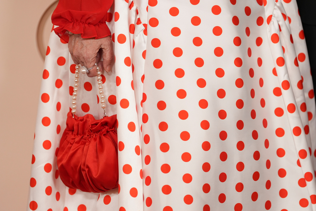 CORRECTS NAME OF PERSON SHOWN - Elizabeth Swackhamer arrives at the Oscars on Sunday, March 15, 2026, at the Dolby Theatre in Los Angeles. (AP Photo/Gregory Bull)