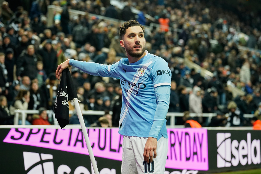 Manchester City's Rayan Cherki celebrates after scoring his side's second goal during the English League Cup semifinal first leg soccer match between Newcastle and Manchester City in Newcastle, England, Tuesday, Jan. 13, 2026. (AP Photo/Dave Thompson)