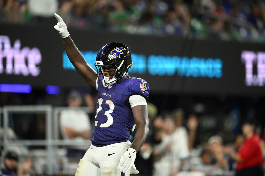 Baltimore Ravens running back Adam Randall celebrates after scoring a touchdown against the Philadelphia Eagles during the second half of an NFL preseason football game Saturday, Aug. 15, 2026, in Baltimore. (AP Photo/Nick Wass)