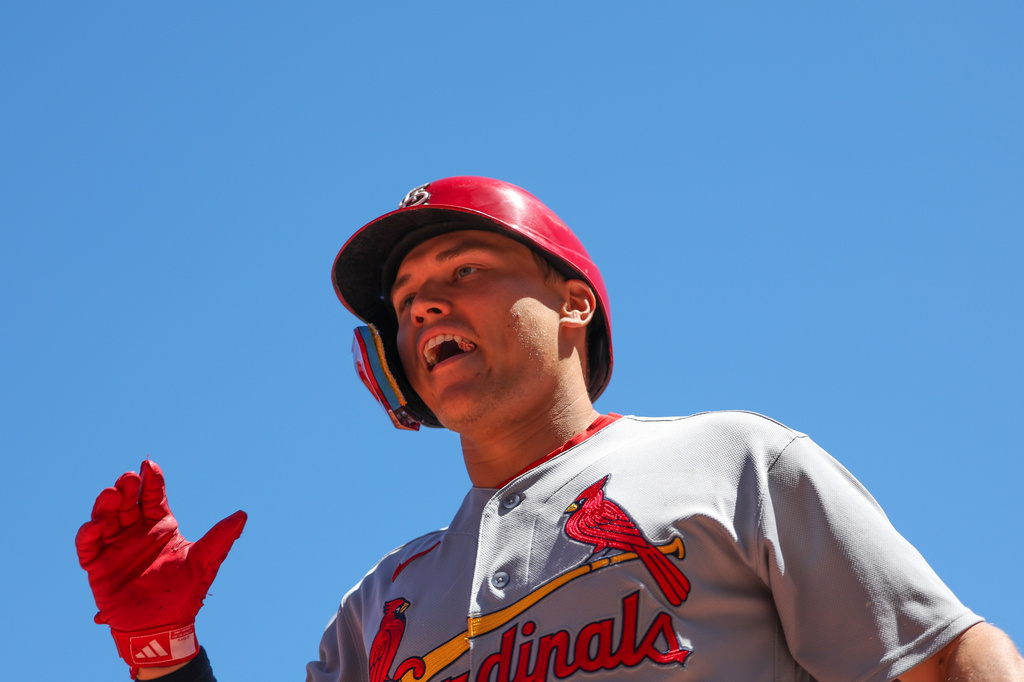 St. Louis Cardinals JJ Wetherholt celebrates after hitting a home run during the sixth inning of a baseball game against the Minnesota Twins, Sunday, June 14, 2026, in Minneapolis. (AP Photo/Ellen Schmidt)