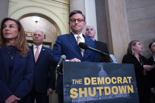 Speaker of the House Mike Johnson, R-La., and GOP leaders, from left, Rep. Lisa McClain, R-Mich., Majority Leader Steve Scalise, R-La., and Majority Whip Tom Emmer, R-Minn., speak during a news conference at the Capitol in Washington, Thursday, Oct. 2, 2025. (AP Photo/J. Scott Applewhite) Speaker of the House Mike Johnson, R-La., and GOP leaders, from left, Rep. Lisa McClain, R-Mich., Majority Leader Steve Scalise, R-La., and Majority Whip Tom Emmer, R-Minn., speak during a news conference at the Capitol in Washington, Thursday, Oct. 2, 2025. (AP Photo/J. Scott Applewhite)