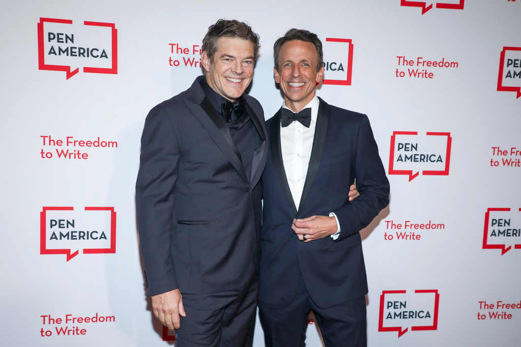 Jason Blum, left, and Seth Meyers attend the PEN America Literary Gala at The American Museum of Natural History on Thursday, May 14, 2026, in New York. (Photo by Andy Kropa/Invision/AP)
