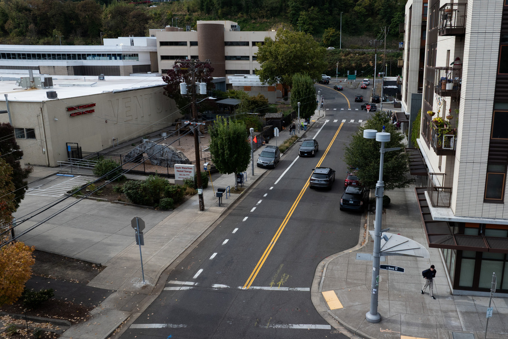 FILE - A view of the U.S. Immigration and Customs Enforcement facility, top left, in Portland, Ore., Oct. 9, 2025. (AP Photo/Jenny Kane, File)