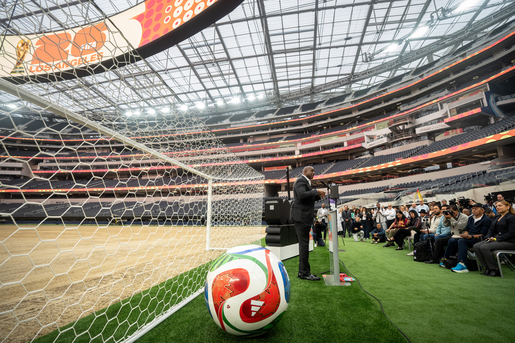 Magic Johnson speaks during a media event for the upcoming FIFA World Cup soccer tournament. at SoFi Stadium in Inglewood, Calif., Tuesday, May 12, 2026. (AP Photo/Jae C. Hong)