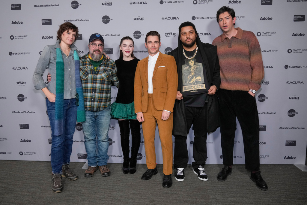 Lee Eddy, from left, director Macon Blair, Kiernan Shipka, Dave Franco, O'Shea Jackson Jr., and Nicholas Braun attend the premiere of "The Shitheads" during the Sundance Film Festival on Friday, Jan. 23, 2026, at Library Center Theatre in Park City, Utah. (Photo by Charles Sykes/Invision/AP)