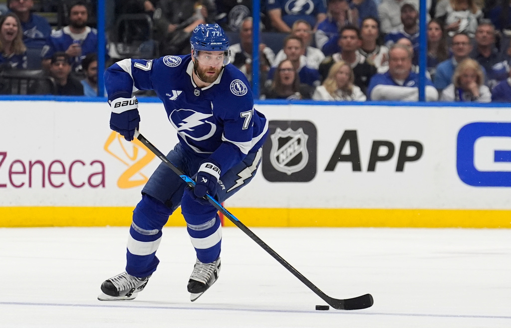 FILE - Tampa Bay Lightning defenseman Victor Hedman (77) skates with the puck during the second period against the Florida Panther in Game 5 of an NHL hockey Stanley Cup first-round playoff series, Wednesday, April 30, 2025, in Tampa, Fla. (AP Photo/Chris O'Meara, File)