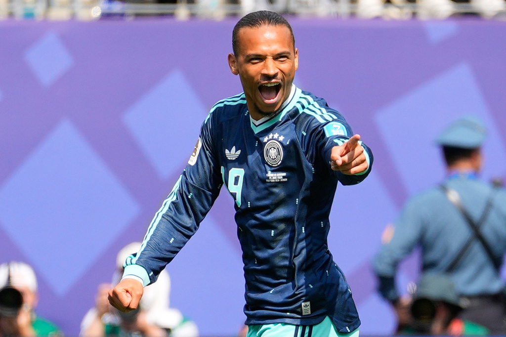 Germany's Leroy Sane celebrates scoring his side's first goal against Ecuador during the World Cup Group E soccer match in East Rutherford, N.J., near New York, Thursday, June 25, 2026. (AP Photo/Yuki Iwamura)