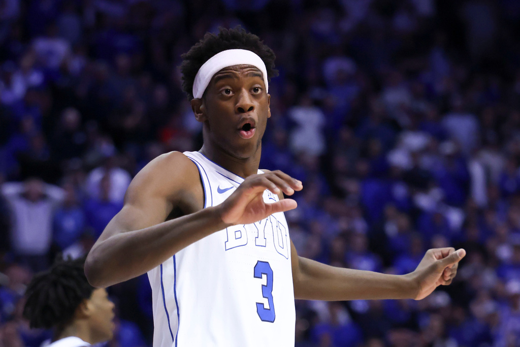 BYU forward AJ Dybantsa reacts after a play against Arizona during the second half of an NCAA college basketball game, Monday, Jan. 26, 2026, in Provo, Utah. (AP Photo/Rob Gray)