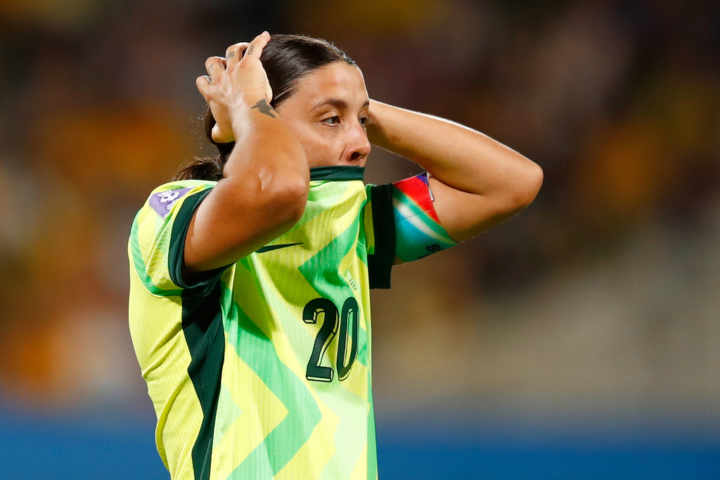 Australia's Sam Kerr reacts after scoring her team's second goal during the Women's Asian Cup quarterfinal soccer match between Australia and North Korea in Perth, Australia, Friday, March 13, 2026. (AP Photo/Gary Day)