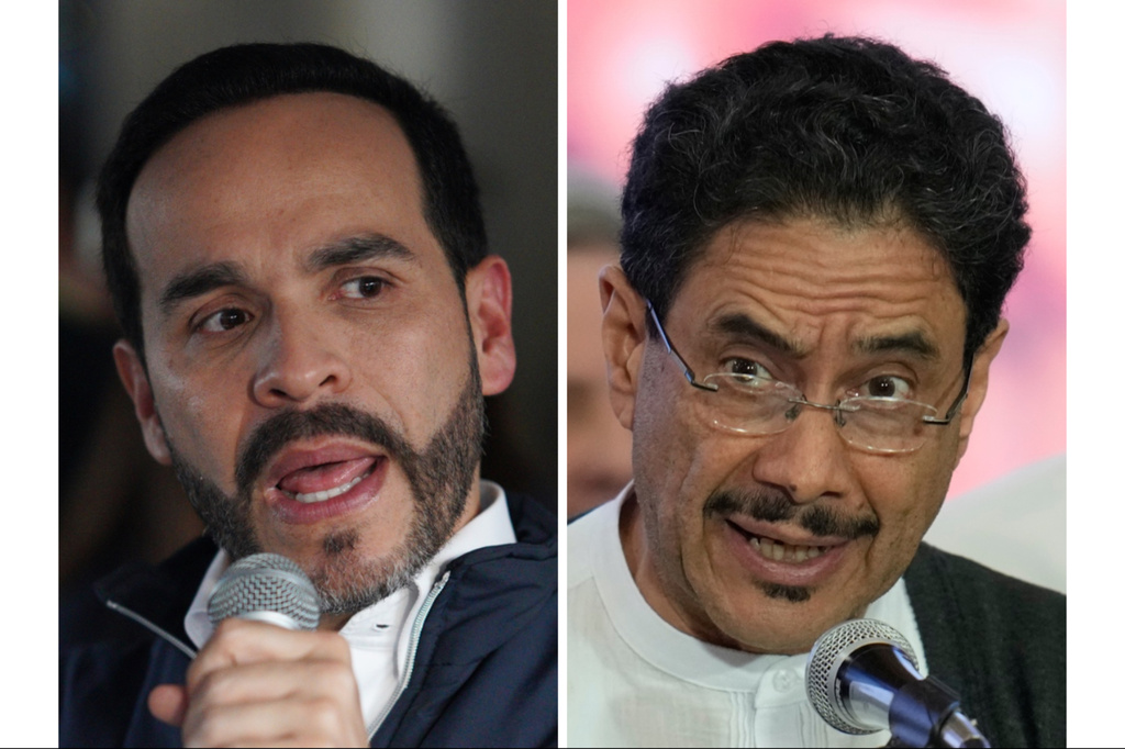 In this combination of photos shows presidential candidates Abelardo de la Espriella, left, on May 6, 2026, and Ivan Cepeda on May 31, 2026, in Bogota, Colombia. (AP Photo)