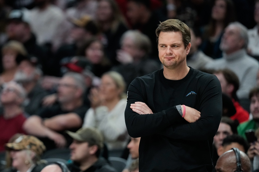 Utah Jazz Head Coach Will Hardy reacts during the second half of an NBA basketball game against the Portland Trail Blazers, Friday, March 13, 2026, in Portland, Ore. (AP Photo/Jenny Kane)