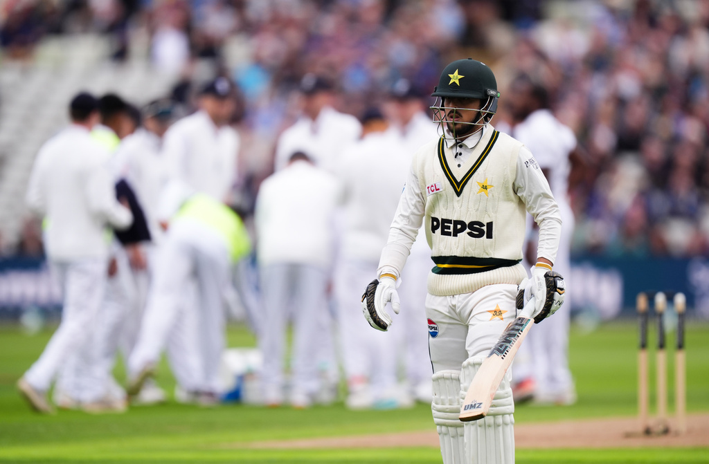 Pakistan's Azan Awais walks off the pitch, after being dismissed by England's Jofra Archer, during day one of the third cricket test match between England and Pakistan, at Edgbaston, in Birmingham, England, Wednesday, Sept. 9, 2026. (Mike Egerton/PA via AP)