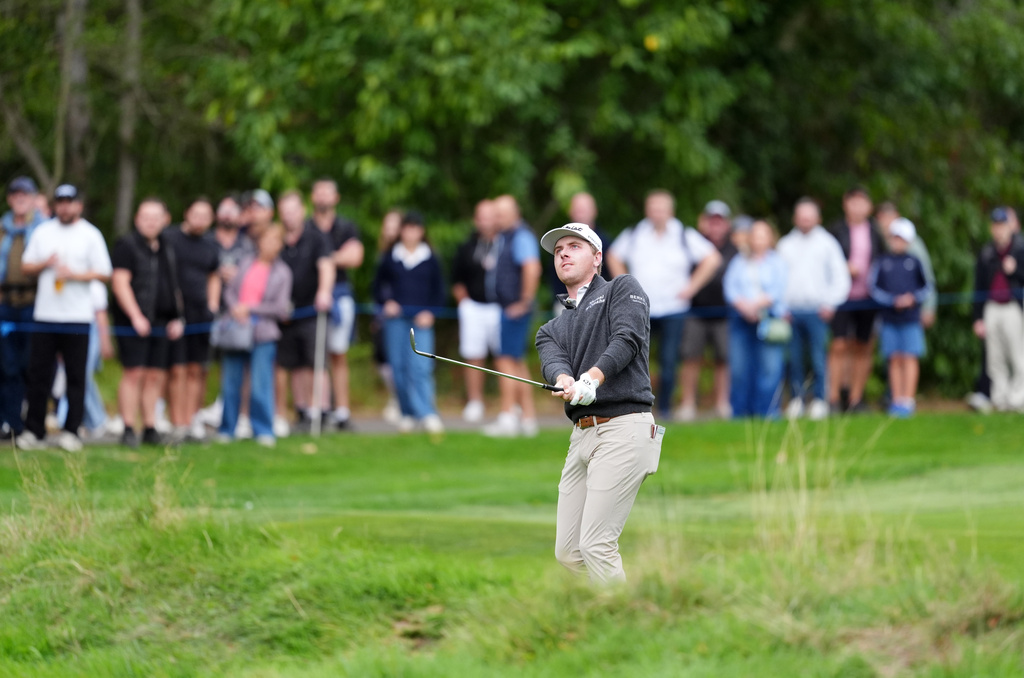 USA's Ryan Gerard plays from the 4th fairway on day three of the PGA Championship at Wentworth Golf Club in Virginia Water, England, Saturday Sept. 19, 2026. (Adam Davy/PA via AP)