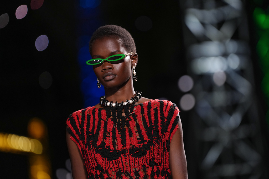 A model wears a creation as part of the Chanel Fall/Winter 2026-2027 Women's collection presented in Paris, Monday, March 9, 2026. (AP Photo/Aurelien Morissard)