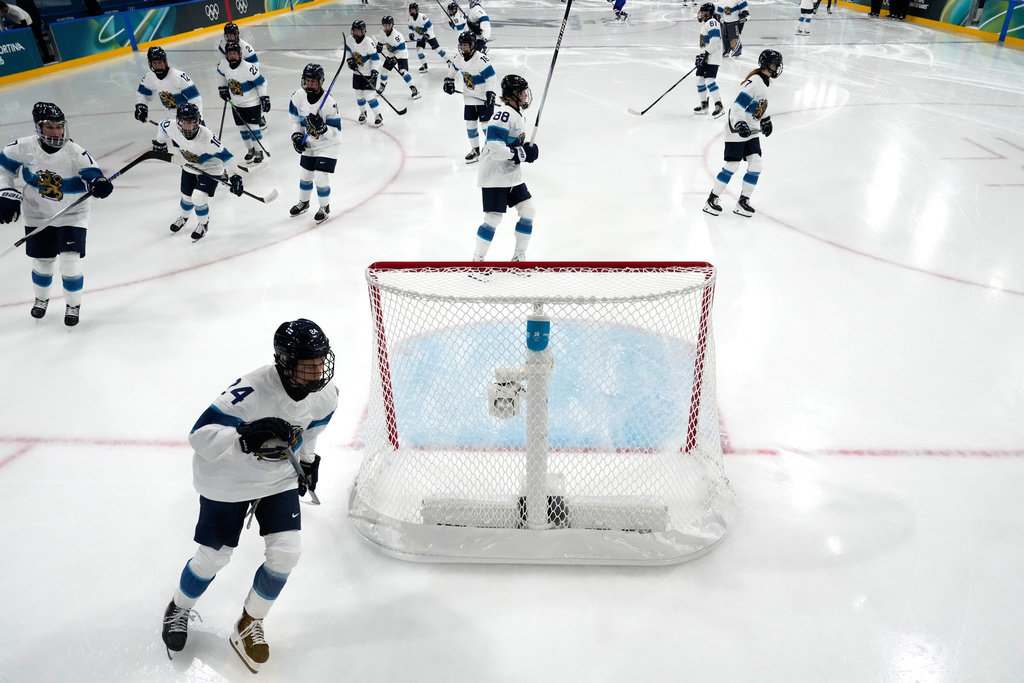 Finland players before a preliminary round match of women's ice hockey between United States and Finland at the 2026 Winter Olympics, in Milan, Italy, Saturday, Feb. 7, 2026. (AP Photo/Darko Bandic, Pool)