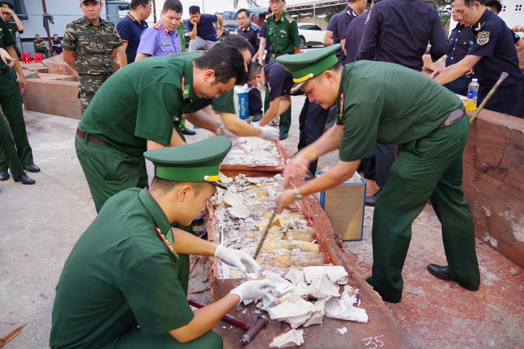Policemen inspect a log that was being used to conceal 1.2-tons of trafficked ivory at Quy Nhon port in Gia Lai province, Vietnam, Aug. 12, 2026. (Nguyen Sy Thang/VNA via AP)