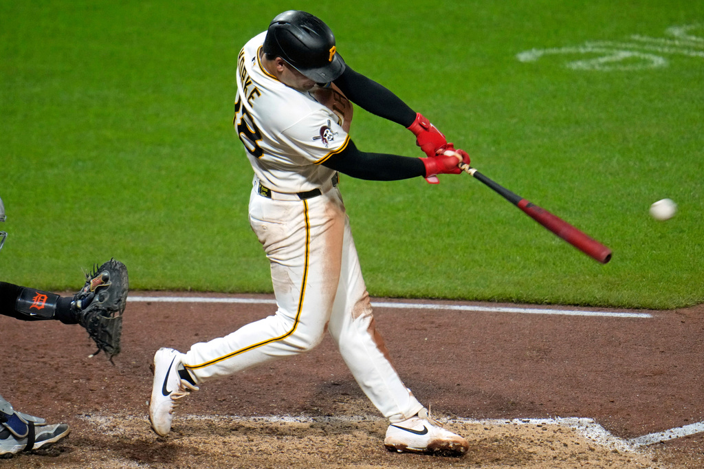 Pittsburgh Pirates' Nick Yorke hits a double off Detroit Tigers pitcher Framber Valdez, driving in three runs, during the sixth inning of a baseball game in Pittsburgh, Monday, Aug. 17, 2026. (AP Photo/Gene J. Puskar)
