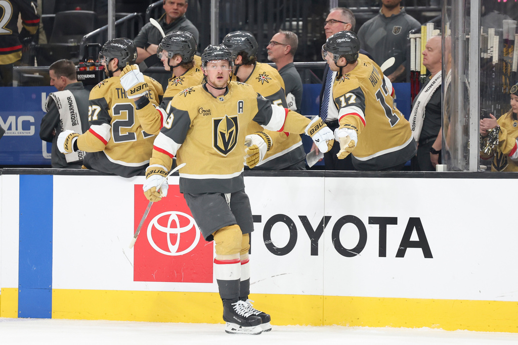 Vegas Golden Knights center Jack Eichel (9) celebrates after his goal against the Los Angeles Kings during the first period of an NHL hockey game, Thursday, Feb. 5, 2026, in Las Vegas. (AP Photo/Ian Maule)