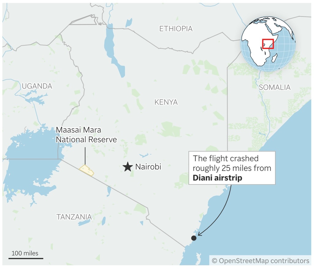 This map shows where the plane that crashed in Kenya took off from (Diani airstrip) and where it was flying to (Maasai Mara National Reserve). (AP Digital Embed)