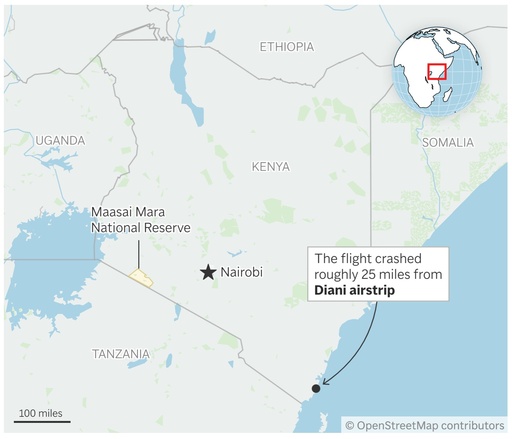 This map shows where the plane that crashed in Kenya took off from (Diani airstrip) and where it was flying to (Maasai Mara National Reserve). (AP Digital Embed) This map shows where the plane that crashed in Kenya took off from (Diani airstrip) and where it was flying to (Maasai Mara National Reserve). (AP Digital Embed)