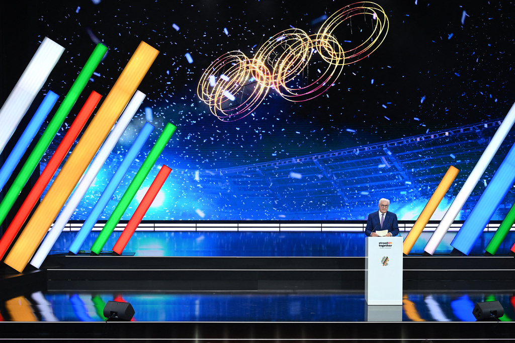 Germany's President Frank-Walter Steinmeier speaks at the extraordinary DOSB General Assembly to select Germany's Olympic bid for 2036, 2040, or 2044, in Baden-Baden, Germany, Saturday Sept. 26, 2026. (Marijan Murat/dpa via AP)