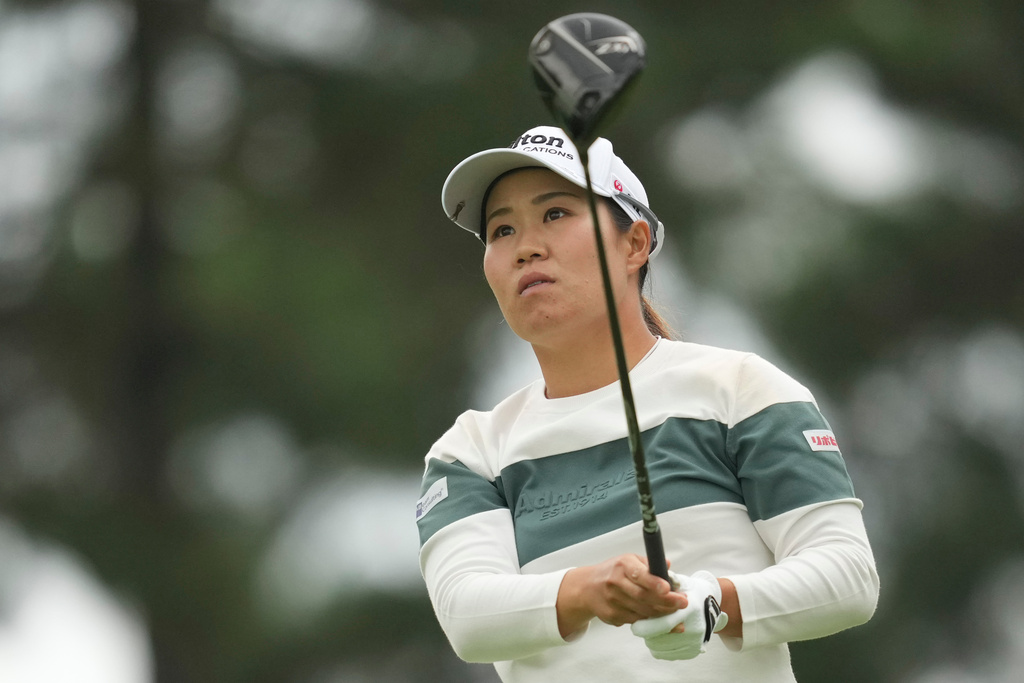 Nasa Hataoka of Japan plays a shot during the final round of the LPGA Ladies Championship golf tournament at the Pine Beach Golf Links, in Haenam, South Korea, Sunday, Oct. 19, 2025. (AP Photo/Lee Jin-man)