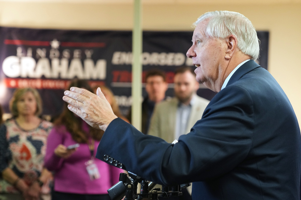 Sen. Lindsey Graham, R-S.C., speaks with supporters after filing his reelection paperwork Monday, March 16, 2026, in Columbia, S.C. (AP Photo/Meg Kinnard)