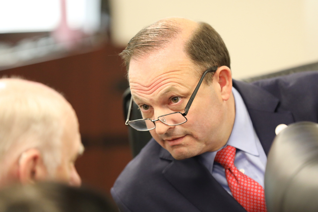 FILE - South Carolina Attorney General Alan Wilson speaks to his staff before a South Carolina Legislative Oversight Committee looking at his office Nov. 5, 2025, in Columbia, S.C. (AP Photo/Jeffrey Collins, File)