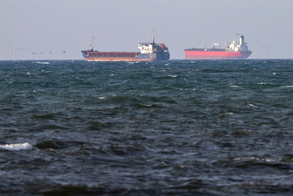 The boarded ships Caffa, left, and Sea Owl I anchored side by side, outside Trelleborg, Sweden, Friday, March 13, 2026. (Johan Nilsson/TT via AP)