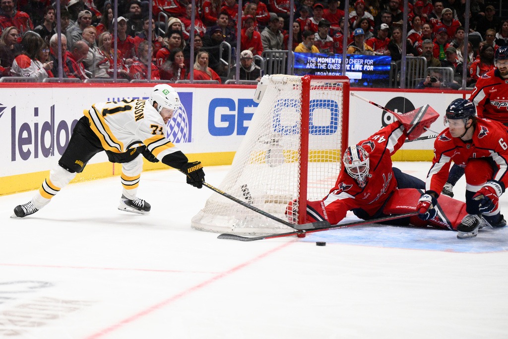 Boston Bruins left wing Viktor Arvidsson (71) tries to get the puck past Washington Capitals goaltender Logan Thompson (48) and defenseman Jakob Chychrun (6) during the second period of an NHL hockey game, Saturday, March 14, 2026, in Washington. (AP Photo/Nick Wass)