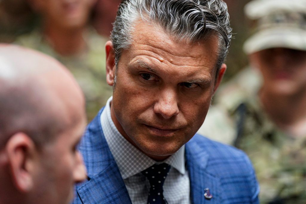 Defense Secretary Pete Hegseth meet with members of the National Guard at Union Station in Washington, Wednesday, Aug. 20, 2025. (Alexander Drago/Pool via AP)