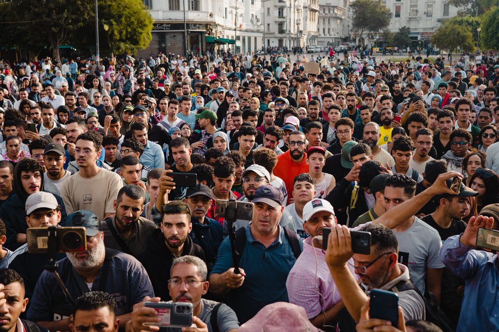People protest against corruption and calling for healthcare and education reform, in Casablanca, Morocco, Thursday, Oct. 2, 2025. (AP Photo)