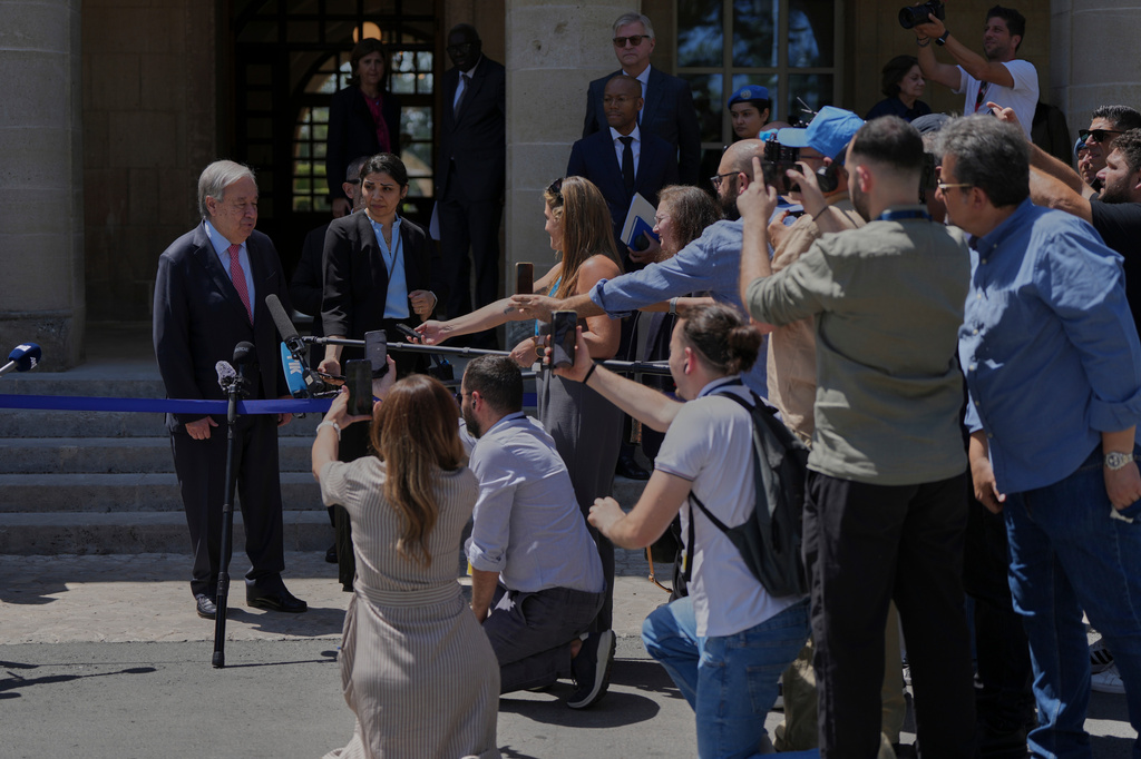United Nations Secretary General Antonio Guterres, speaks to the press after his meeting with Cyprus' President Nikos Christodoulides, in divided capital Nicosia, Cyprus, on Tuesday, July 28, 2026. (AP Photo/Petros Karadjias)