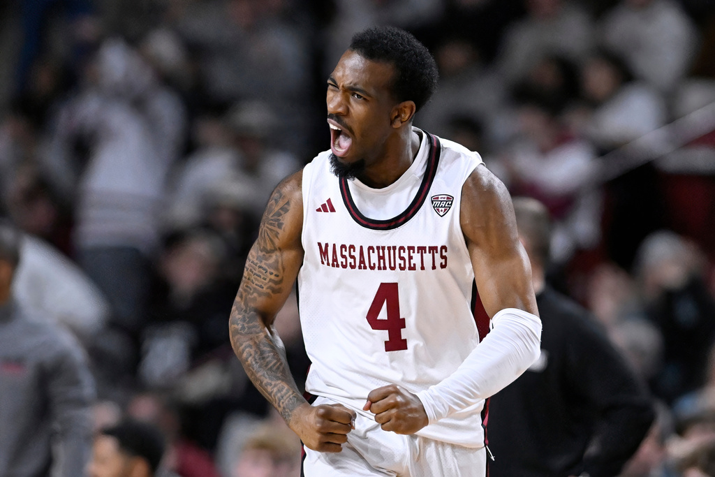 UMass forward Isaiah Placide (4) reacts in the first half of an NCAA college basketball game against Miami Ohio, Tuesday, Feb. 17, 2026, in Amherst, Mass. (AP Photo/Jessica Hill)