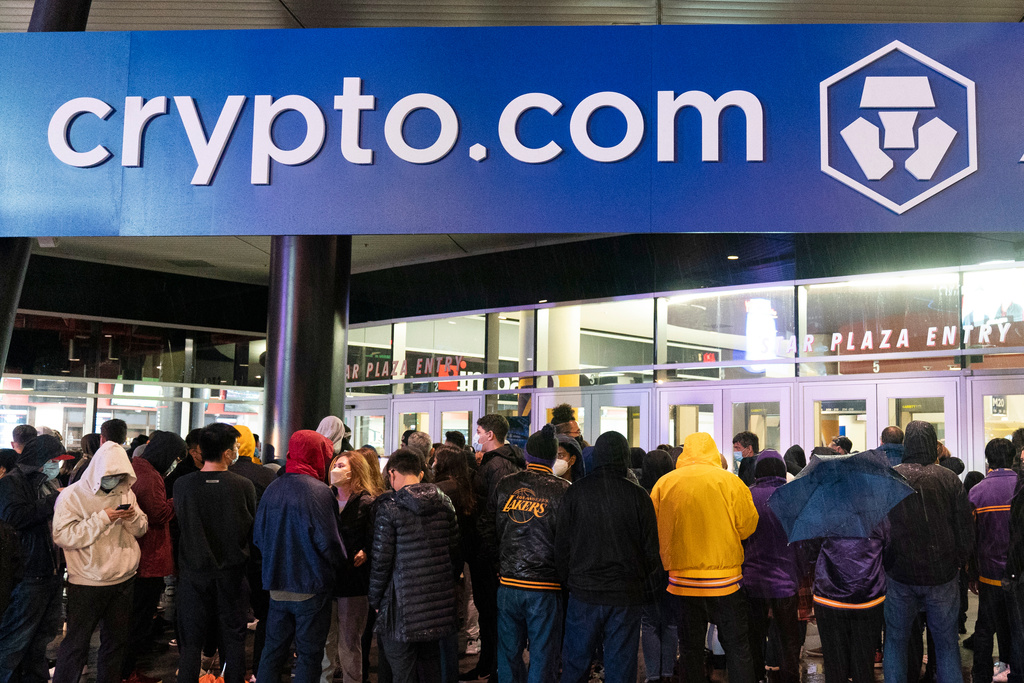 FILE - A Crypto.com Arena sign hangs outside Staples Center before an NBA basketball game in Los Angeles, Dec. 23, 2021. (AP Photo/Jae C. Hong, File)