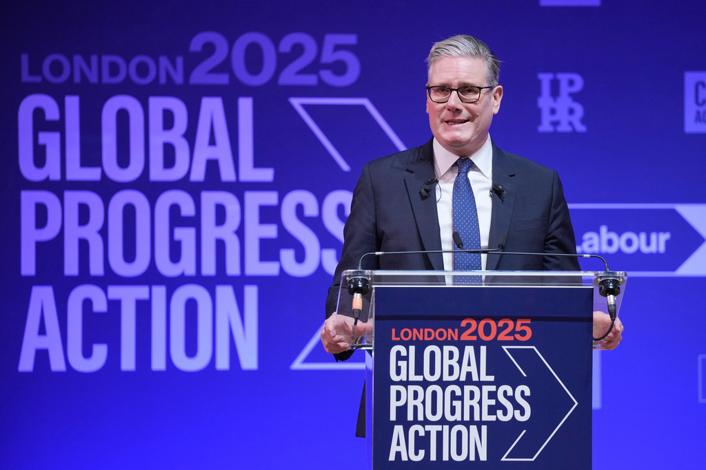 Britain's Prime Minister Keir Starmer speaking during the Progress Global Action Summit, in London, Friday, Sept. 26, 2025. (AP Photo/Kin Cheung)