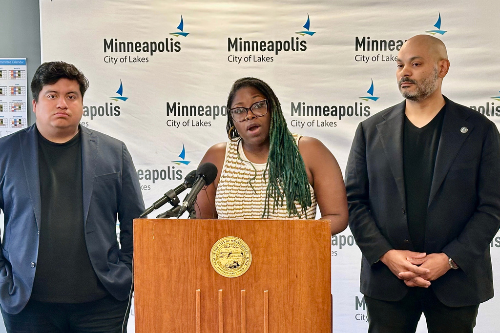 Minneapolis City Council Members, from left, Jason Chavez, Robin Wonsley and Council President Elliot Payne speak to reporters about the resignation of Police Chief Brian O'Hara on Wednesday, May 27, 2026 at City Hall in Minneapolis. (AP Photo/Mark Vancleave)