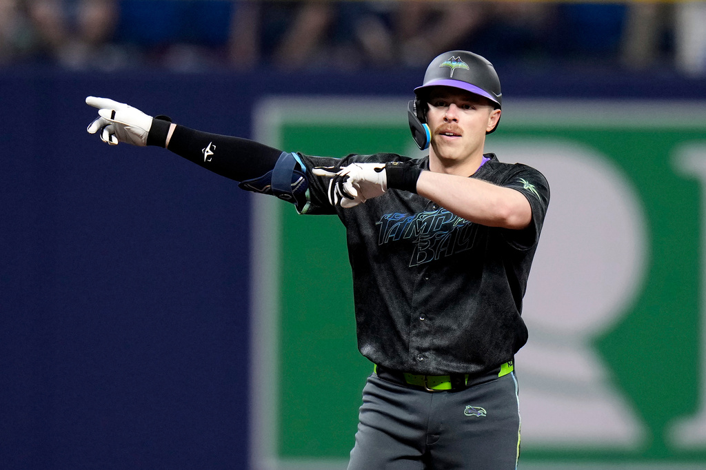 Tampa Bay Rays' Hunter Feduccia celebrates after his double off San Francisco Giants pitcher Landen Roupp during the fifth inning of a baseball game Saturday, May 2, 2026, in St. Petersburg, Fla. (AP Photo/Chris O'Meara)