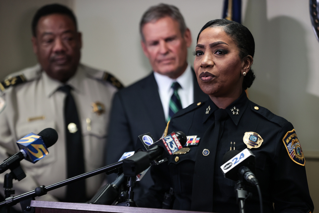 Memphis police chief CJ Davis speaks about the National Guard and federal agencies arriving in Memphis, Tenn., during a news conference Friday, Sept. 26, 2025. (Patrick Lantrip/Daily Memphian via AP)
