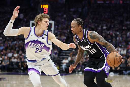Sacramento Kings guard Demar Derozan (10) drives to the basket with Utah Jazz forward Lauri Markkanen (23) defending during the first half of an NBA basketball game Friday, Oct. 24, 2025, in Sacramento, Calif. (AP Photo/Sara Nevis) Sacramento Kings guard Demar Derozan (10) drives to the basket with Utah Jazz forward Lauri Markkanen (23) defending during the first half of an NBA basketball game Friday, Oct. 24, 2025, in Sacramento, Calif. (AP Photo/Sara Nevis)
