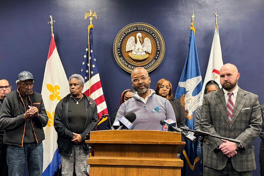 Orleans Parish District Attorney Jason Williams addresses the media following the sentencing of Derrick Groves, Friday, Dec. 12, 2025, in New Orleans. (AP Photo/Jack Brook)