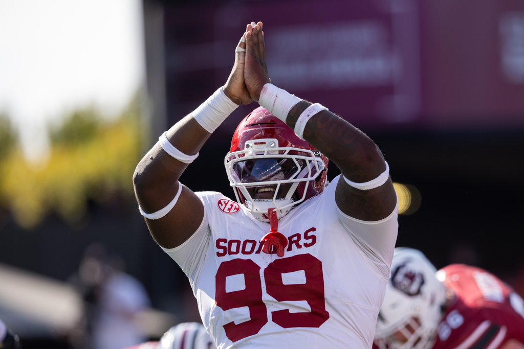 Oklahoma defensive lineman Markus Strong (99) celebrates a safety against South Carolina during the second half of an NCAA college football game, Saturday, Oct. 18, 2025, in Columbia, S.C. (AP Photo/Scott Kinser)