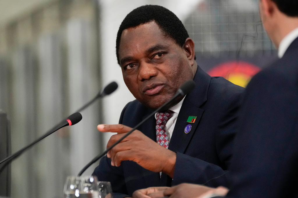 FILE - Zambia President Hakainde Hichilema speaks during the Lobito Corridor Trans-Africa Summit at the Carrinho food processing factory near Lobito, Angola, Dec. 4, 2024. (AP Photo/Ben Curtis, File)