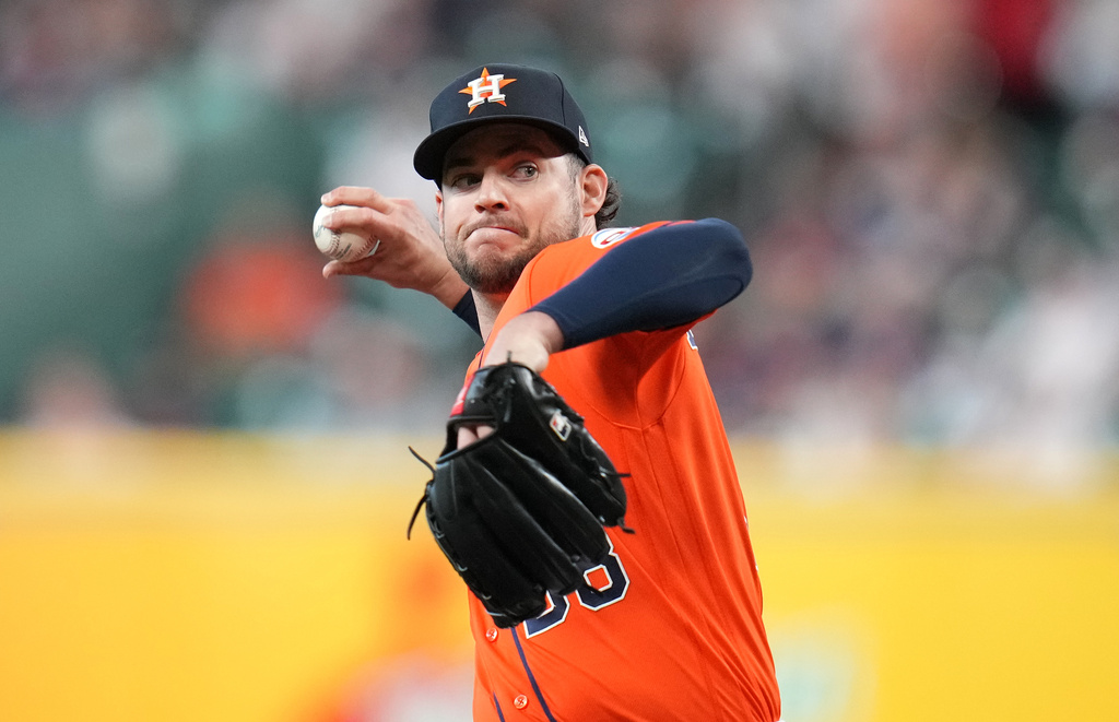 Houston Astros starting pitcher Peter Lambert delivers to Baltimore Orioles' Adley Rutschman during the first inning of a baseball game, Friday, July 17, 2026, in Houston. (AP Photo/Karen Warren)